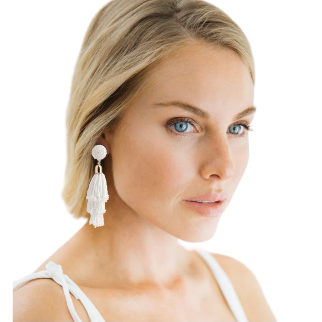 New Panacea White Irradescent Glass Beaded Tassel Earrings